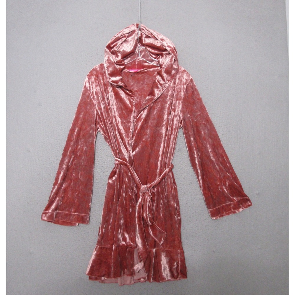 Betsey Johnson Robe XS/S Pink Crushed Velvet Hooded Belted Ruffle Hem Loungewear
